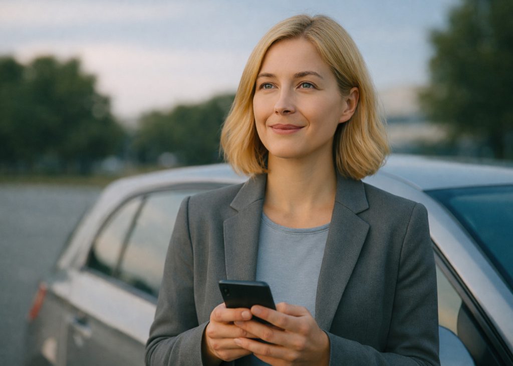 Person använder mobiltelefon bredvid bil