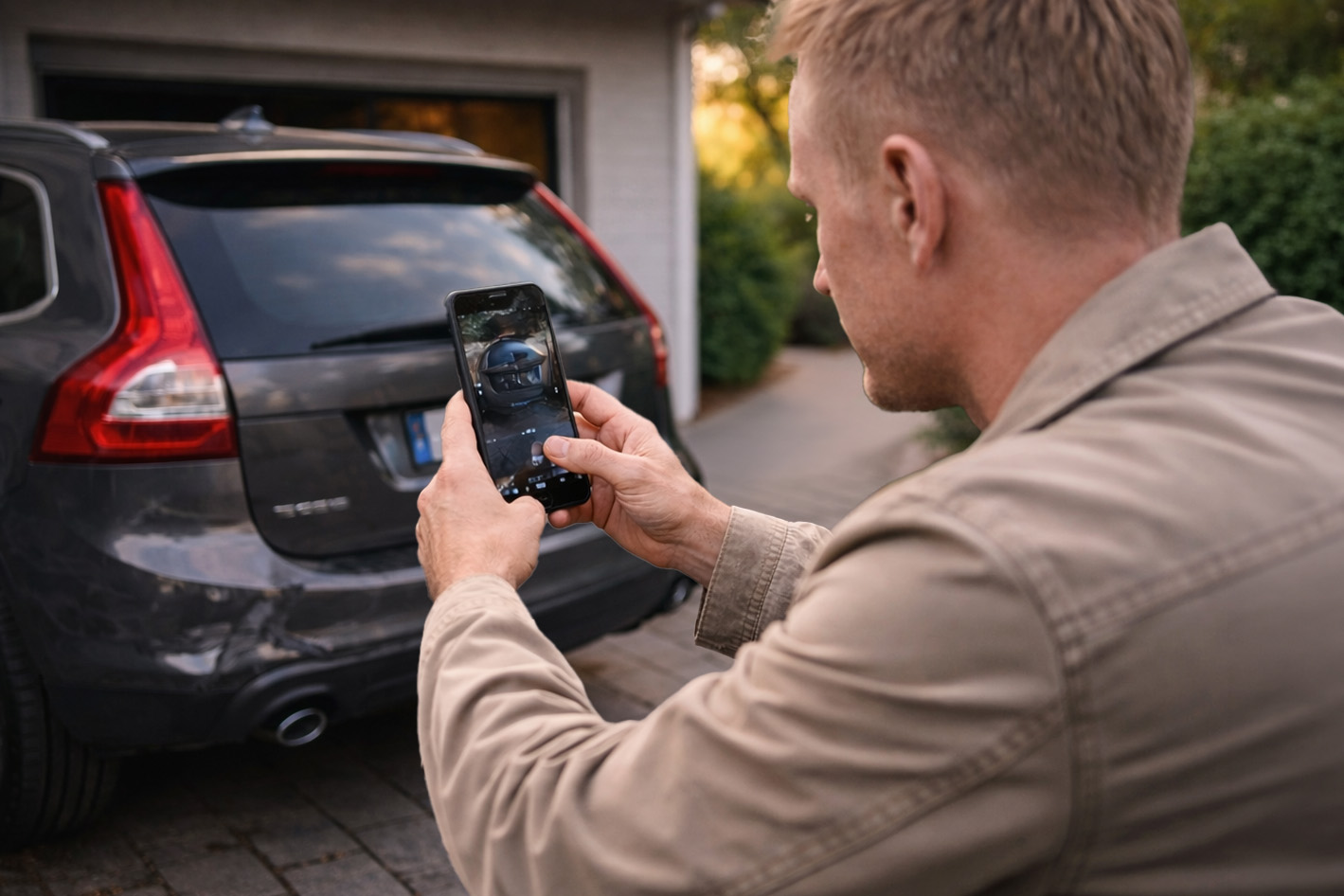 Person fotograferar sin bil utanför garaget.