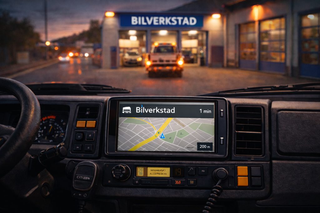 Bärgare på väg in till verkstad.