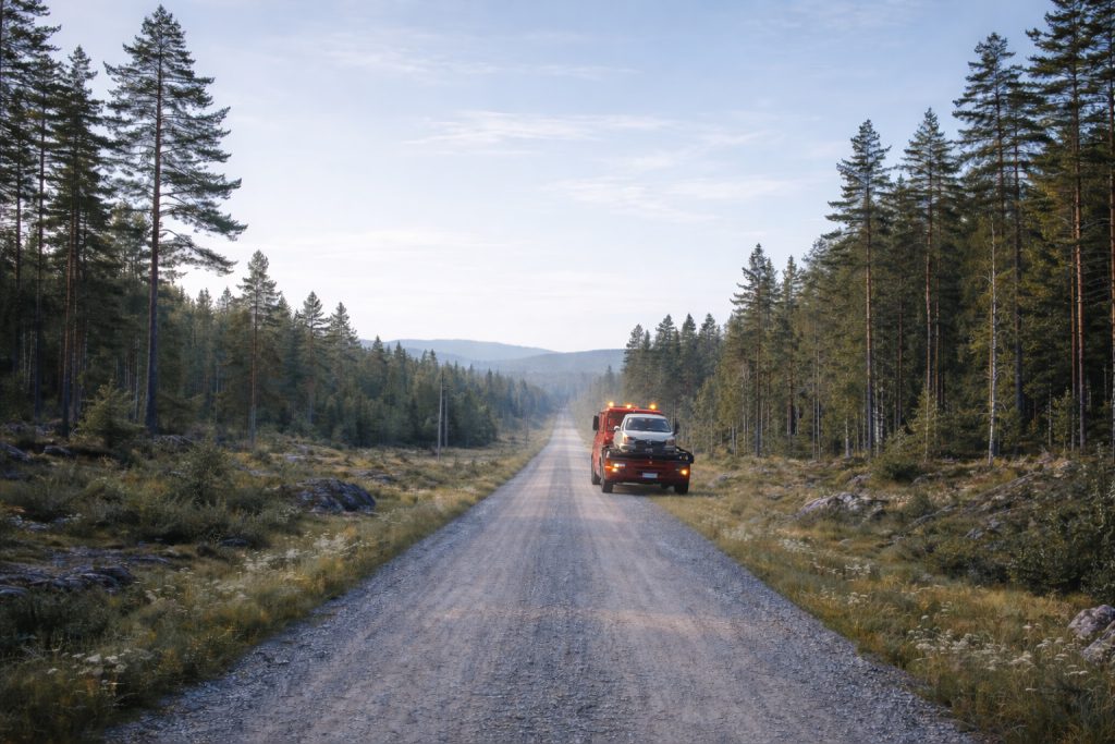 Bil på bärgningsbil vid skogsväg.