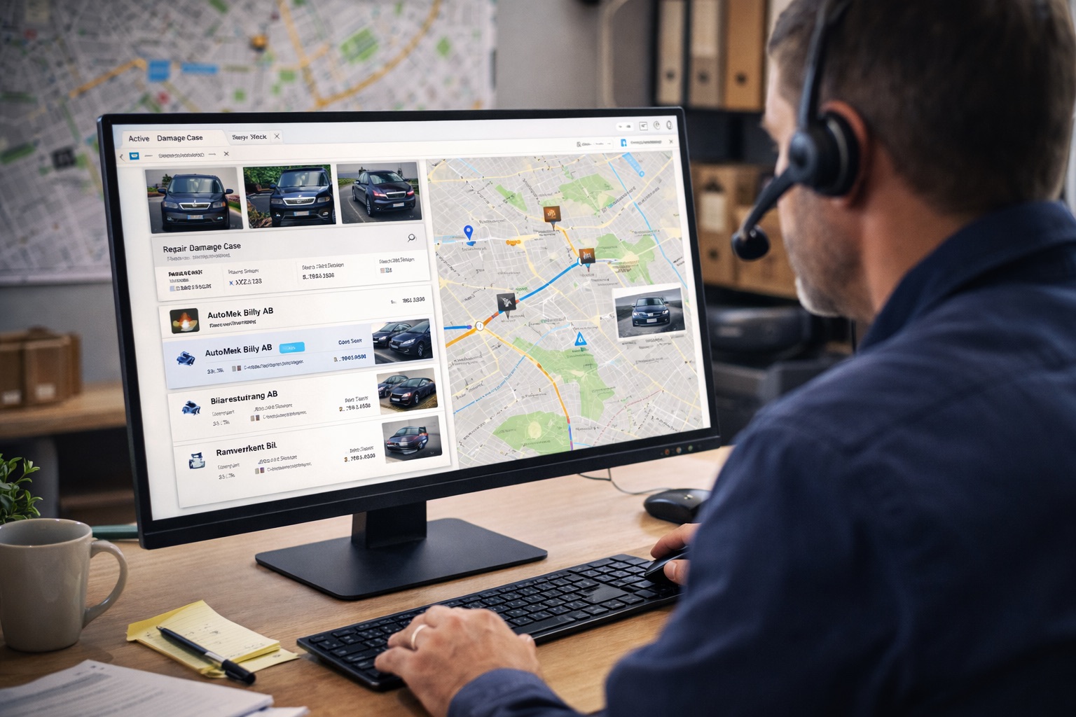 Administratör framför dator med skadeärenden.